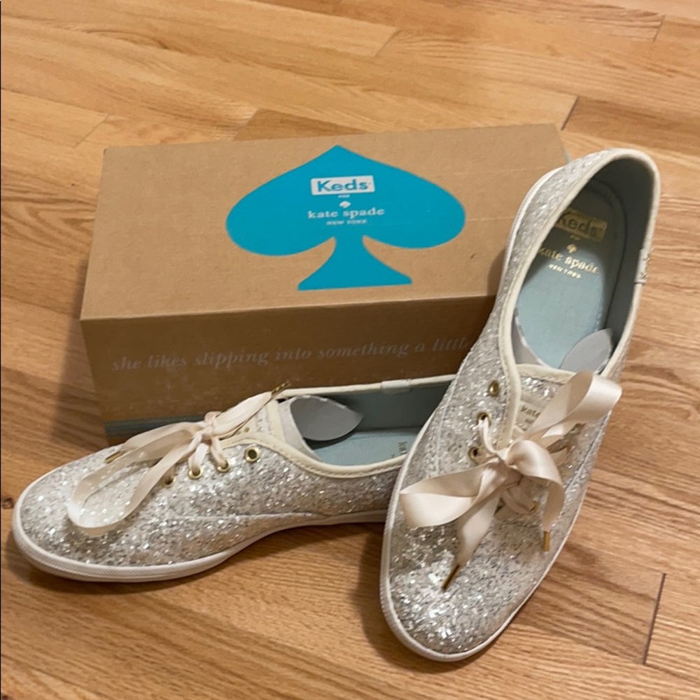 kate spade glitter silver ribbon lace-up sneakers